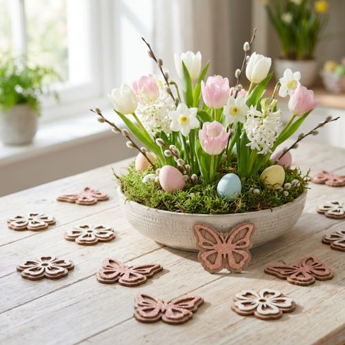 Strö dekoration träblommor/fjärilar vit/rosa Ø4cm 36p | Floristik24.se