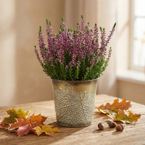Planter för hösten, metallkruka med bladdekoration, guldplanter Ø10cm H10cm | Floristik24.se