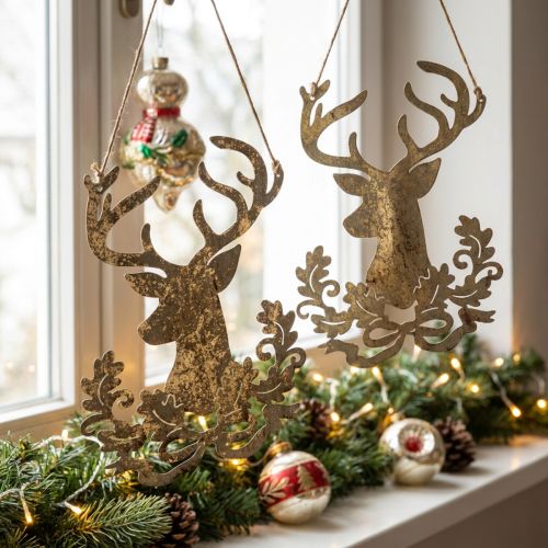 Renar för upphängning, juldekoration, hjorthuvud, metallhänge gyllene antik look H23cm 2 st | Floristik24.se