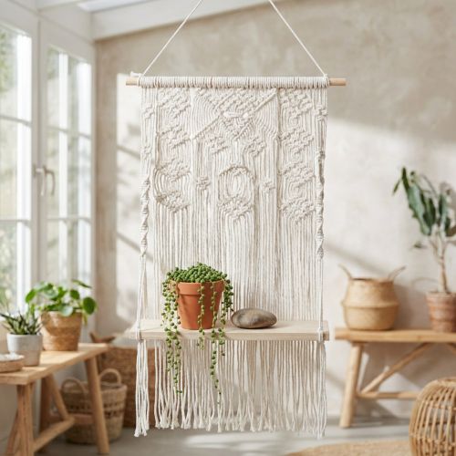 Artikel Boho Makramé Växthängare, Hängande Dekoration, Fönsterdekoration med Blommig Gungbräda, 40x15cm, i Naturvitt