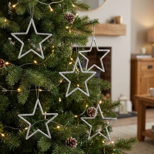 Juldekorationsstjärnhängen, silverglitter, 12 cm, 12 stycken, julgransdekoration, julgransprydnader | Floristik24.se