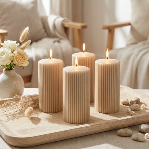 Blockljus, beige, räfflade, 70/130 mm, 4 stycken | Floristik24.se