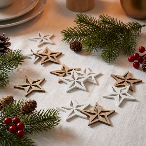 Trästjärnor dekorativ scatter dekoration jul vit/naturlig 3,5cm 48 st | Floristik24.se