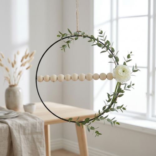 Artikel Dekorativ ring, metall, träpärlor, Ø30cm, svart, vit, naturlig, set om 4