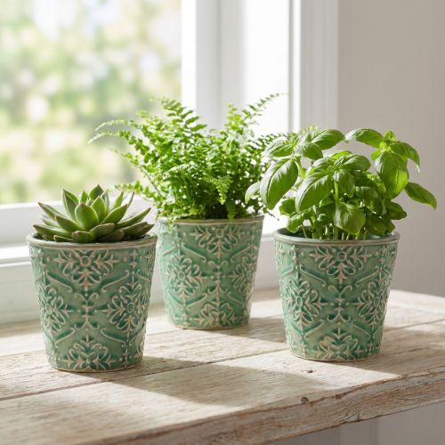 Planteringskärl keramik sprakande glasyr grön Ø11cm H11cm 3st | Floristik24.se