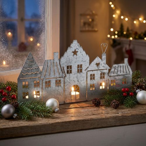 Juldekorationshus, värmeljushållare metall silver 25cm | Floristik24.se