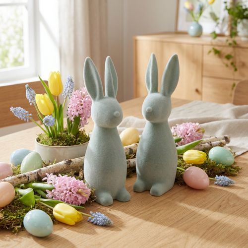 Dekorativ påskhare, flockad, grågrön, H29,5 cm, 2 stycken | Floristik24.se