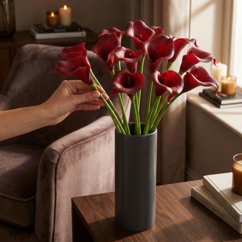 Artikel Calla röda bordeaux konstgjorda blommor i ett knippe 57cm 12 st
