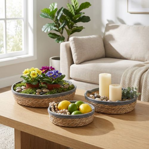 Rund korgbrickset, naturfärgad, flätade växtskålar och dekorativ bricka, 3-delat set Ø33/30/25cm H8/7cm | Floristik24.se
