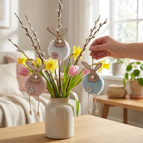 Hängkaniner dekorativ hängare Påskträplysch 26×7×2cm 6 st | Floristik24.se