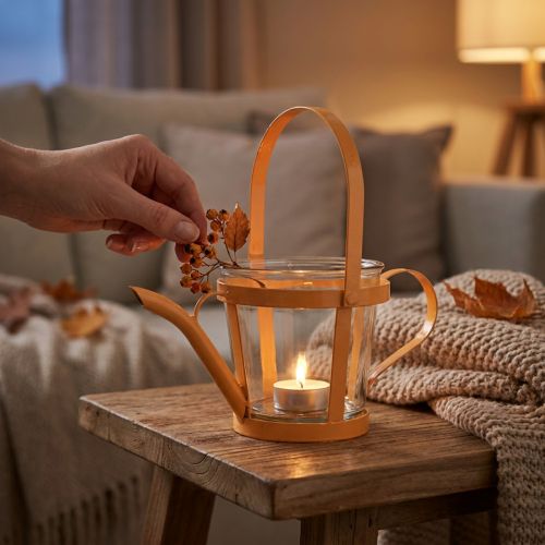 Lykta glas dekorativ vattenkanna metall orange Ø14cm H13cm | Floristik24.se