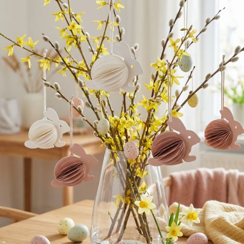 Honeycomb-påskharar att hänga, vita och orange, 8 cm höga, 5 stycken | Floristik24.se