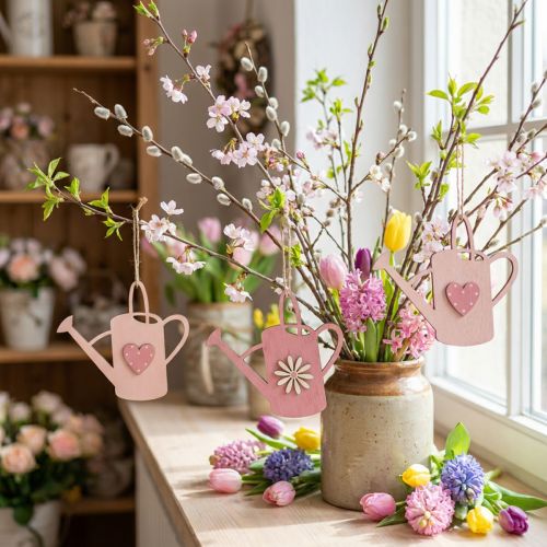 Hängande dekoration trävattenkanna deco rosa deco galge 14x12cm 6st | Floristik24.se