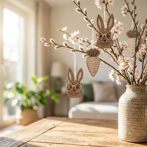 Trähänge kanin med glasögon morot brun beige 4×7,5cm 9st | Floristik24.se