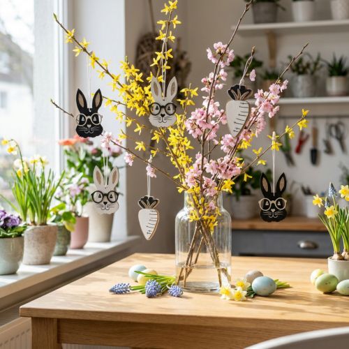 Trähänge kanin med glasögon morotsglitter 4×7,5cm 9st | Floristik24.se