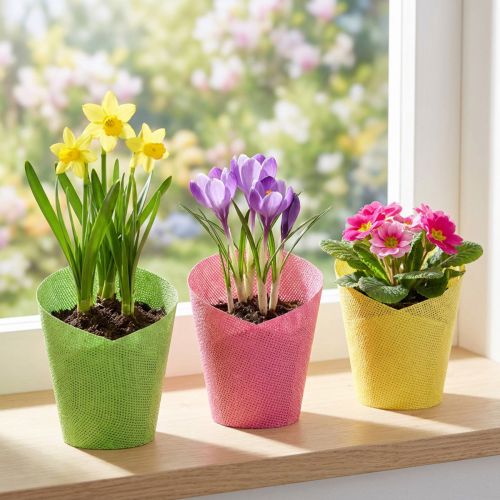 Planteringspapper vävt rosa, gult, grönt Ø7cm H13cm 12st | Floristik24.se