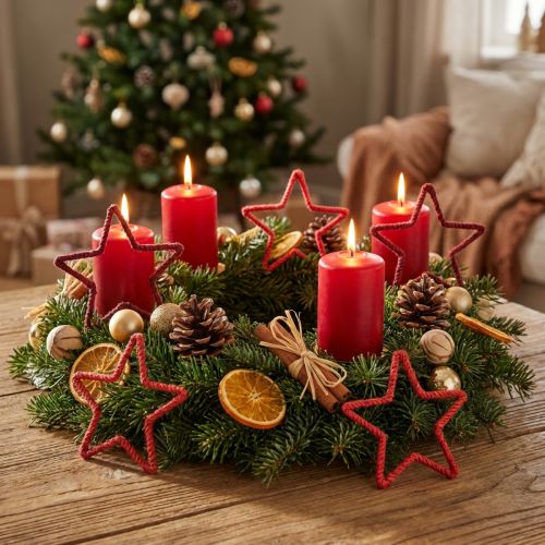 Artikel Stjärnor till adventskrans Juldekoration juteröd 15cm 8 st
