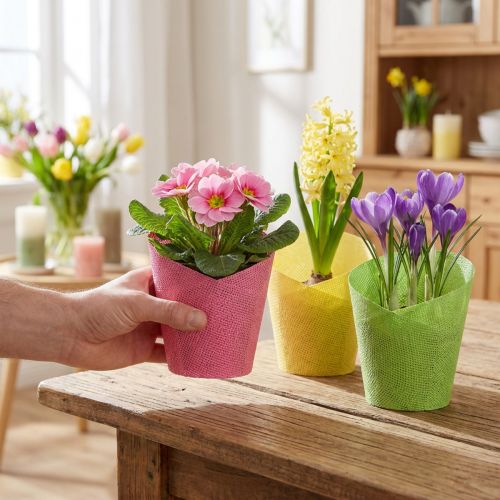 Planteringspapper växtkruka vävd rosa gulgrön Ø9cm H18cm 9st | Floristik24.se