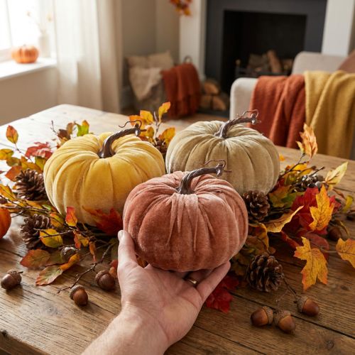 Dekorationspumpor gul beige rödbrun flockade Ø18cm 3 st | Floristik24.se