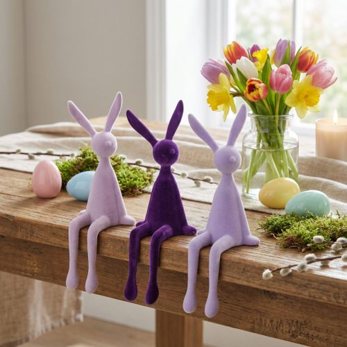 Hyllställ kanin påskhare flockad lila 36cm 3 st | Floristik24.se