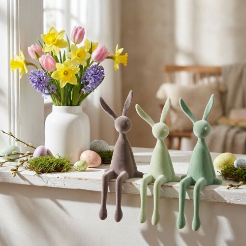 Påskharehyllor, flockade, gröna/bruna, 28 cm, 3 delar | Floristik24.se
