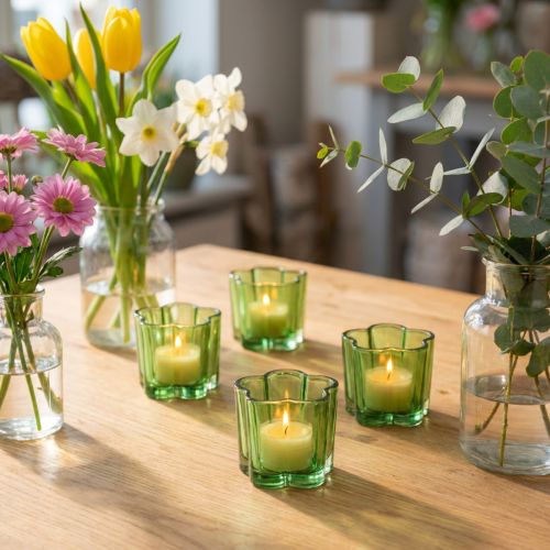Dekorativa värmeljushållare i glas, blomformade, gröna, Ø7,5 cm, H6 cm, 6 stycken | Floristik24.se