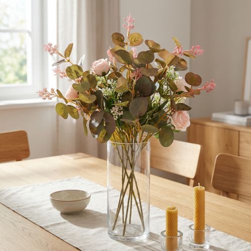 Artikel Konstgjorda eukalyptusgrenar med rosa blommor, 45 cm, 3 stycken