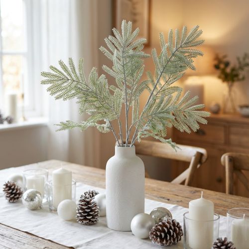 Artikel Dekorativ gren mimosa grön frosteffekt 63cm
