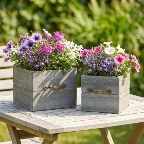 Planteringslåda trälåda tvättad grå 15×15cm/12×12cm set om 2 | Floristik24.se