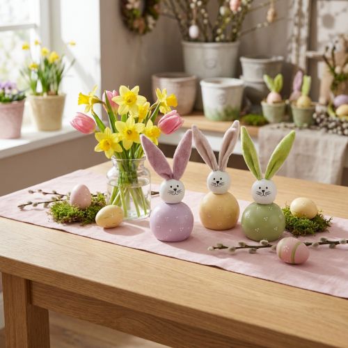 Påskharar rosa grön gul träkaniner dekoration 8×22cm 3st | Floristik24.se