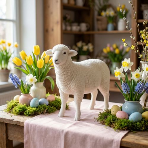 Får dekorativ figurbordsdekoration påskvit flockad 30×28cm | Floristik24.se