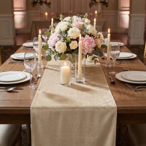 Bordslöpare i sammet beige, 28×270cm - Elegant bordslöpare dekorativt tyg för festlig dekoration | Floristik24.se