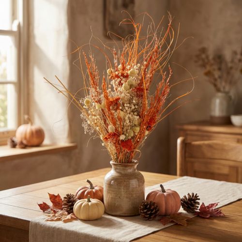 Artikel Dekorativ torkad bukett "Tistel &amp; Rölleka" Orange-Natur i blekt, 55 cm, 150 g - Lantlig stil
