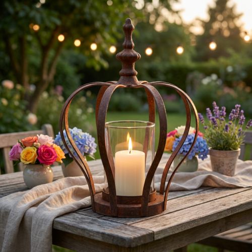 Lykta Krona Brun Rost Med Ljus Glas Ø14cm H18cm | Floristik24.se