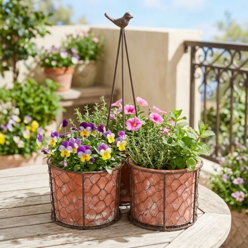 Blomkruka keramik nätkorg metall brun Ø30cm H11,5cm | Floristik24.se