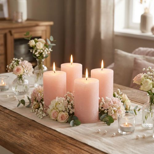 Romantiska enfärgade rosa blockljus, ljusrosa, 70×80 mm, set om 4 - Dekorativa ljus för en mysig atmosfär | Floristik24.se