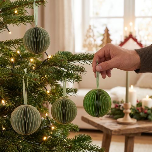 Julgranskulor, pappersbollar av honungskaka, grönt och guld, 7 cm, 4 stycken, dekoration | Floristik24.se
