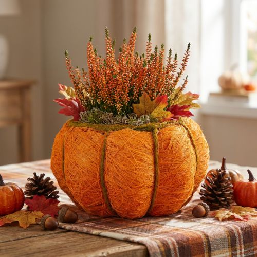 Kruka pumpadekoration orange/gulgrön sisal Ø21cm H12cm | Floristik24.se