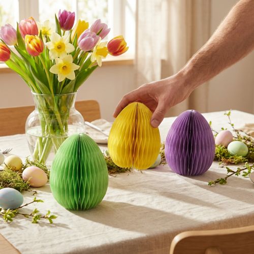 Artikel Honeycomb ägg påskpapper stående grön gul lila 20cm 3st