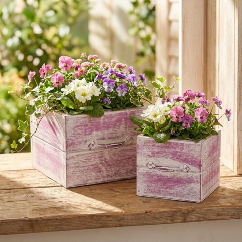 Växtlåda med handtag rosa vitt trä 12/15cm set om 2 | Floristik24.se