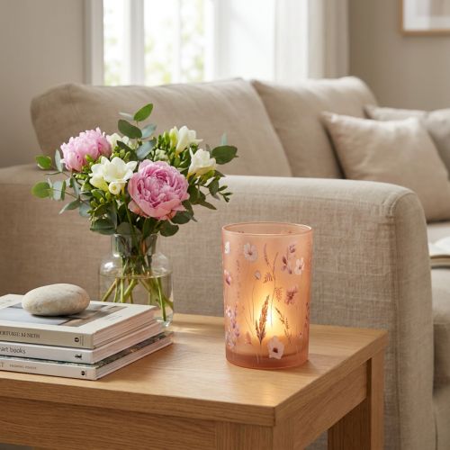 Artikel Glasljushållare med blommotiv för mysiga stunder i hemmet, 18 cm