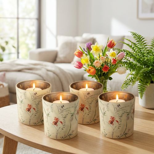 Artikel Dekorativ glaslykta med blommotiv för stämningsfulla heminredningsdetaljer, 8 cm, 4 stycken.