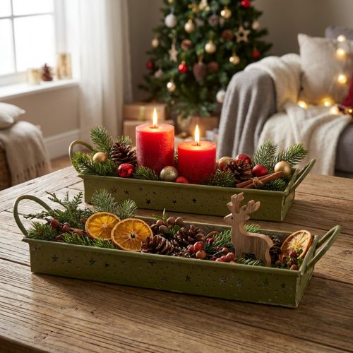 Dekorativ julbricka, gröna stjärnor, 49cm/43cm, set om 2 | Floristik24.se