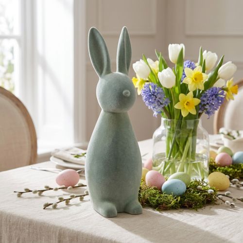 Dekorativ påskhare, flockad, grågrön, H47cm | Floristik24.se