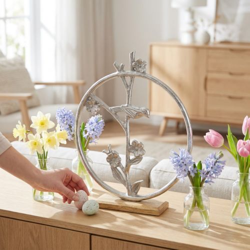 Bordsdekorationsfjäder, dekorativ ring fågel deco silver H32,5cm | Floristik24.se
