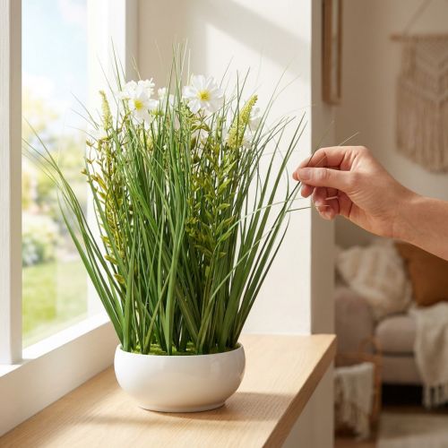 Dekorativt gräs med Cosmea-blommor i en skål H45cm | Floristik24.se
