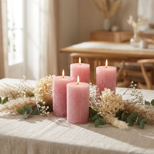 Set med 4 rustika blockljus, antik rosa, kvalitetsljus, genomfärgade, 80x110mm, för elegant dekoration och lång brinntid | Floristik24.se
