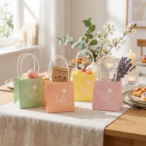 Artikel Presentpåse med tryck "En påse med lycka" för fina presentidéer, 12 cm, 12 stycken