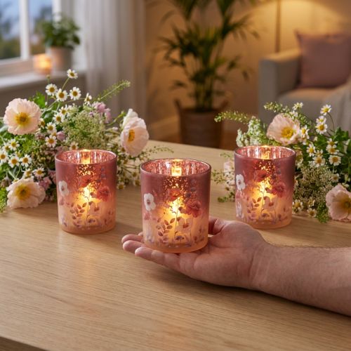 Artikel Elegant ljusstake med blommotiv för stämningsfull rumsdesign, 8 cm, 4 stycken.