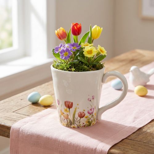 Keramisk kruka med blommotiv